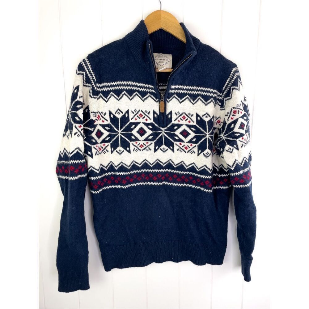 St Johns Bay Wool Blend Sweater Men M Blue Nordic Fair Isle 1/4 Zip Mock Neck